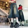 Große Größen Retro High Waist Blaue Denim Weite Beine Cropped Hosen für Damen