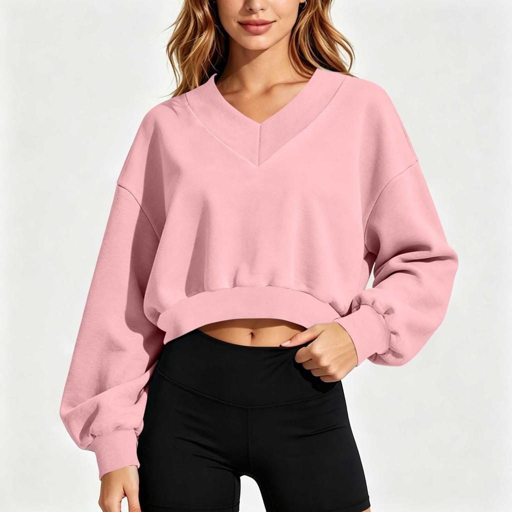 Women's Casual V Neck Long Sleeve Cropped Sweatshirt for Everyday Wear
