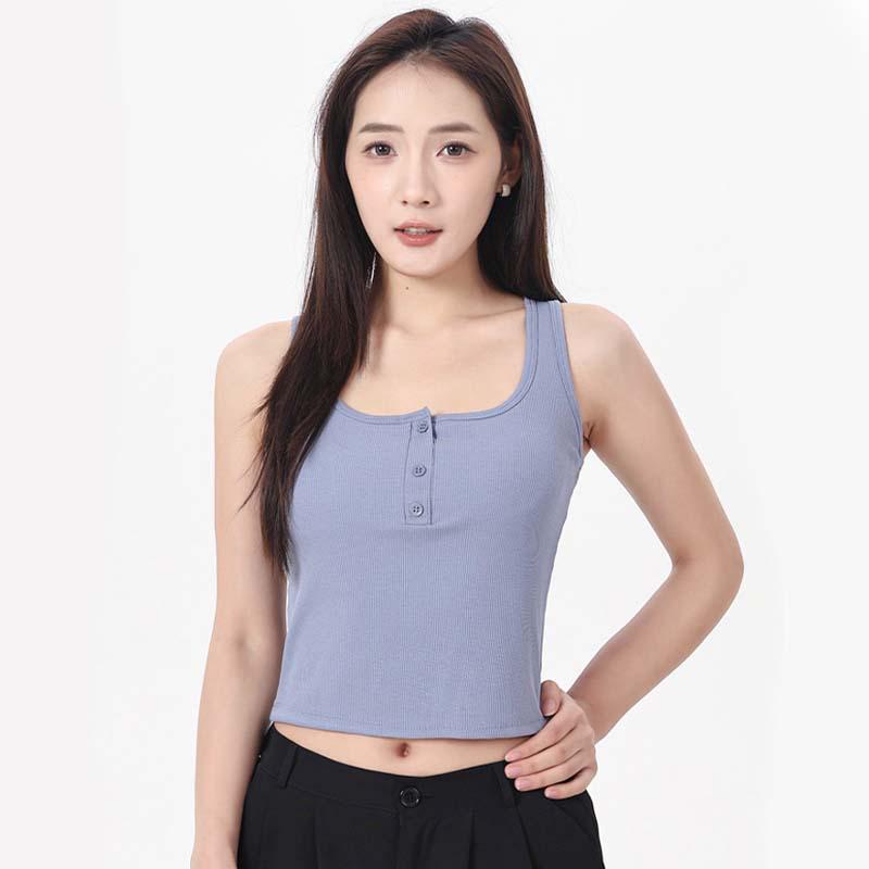 Versatile Women's Pure Cotton Ribbed Button-Up Vest with Chest Pads - Sports Slim-Fit Sleeveless Base Layer Top
