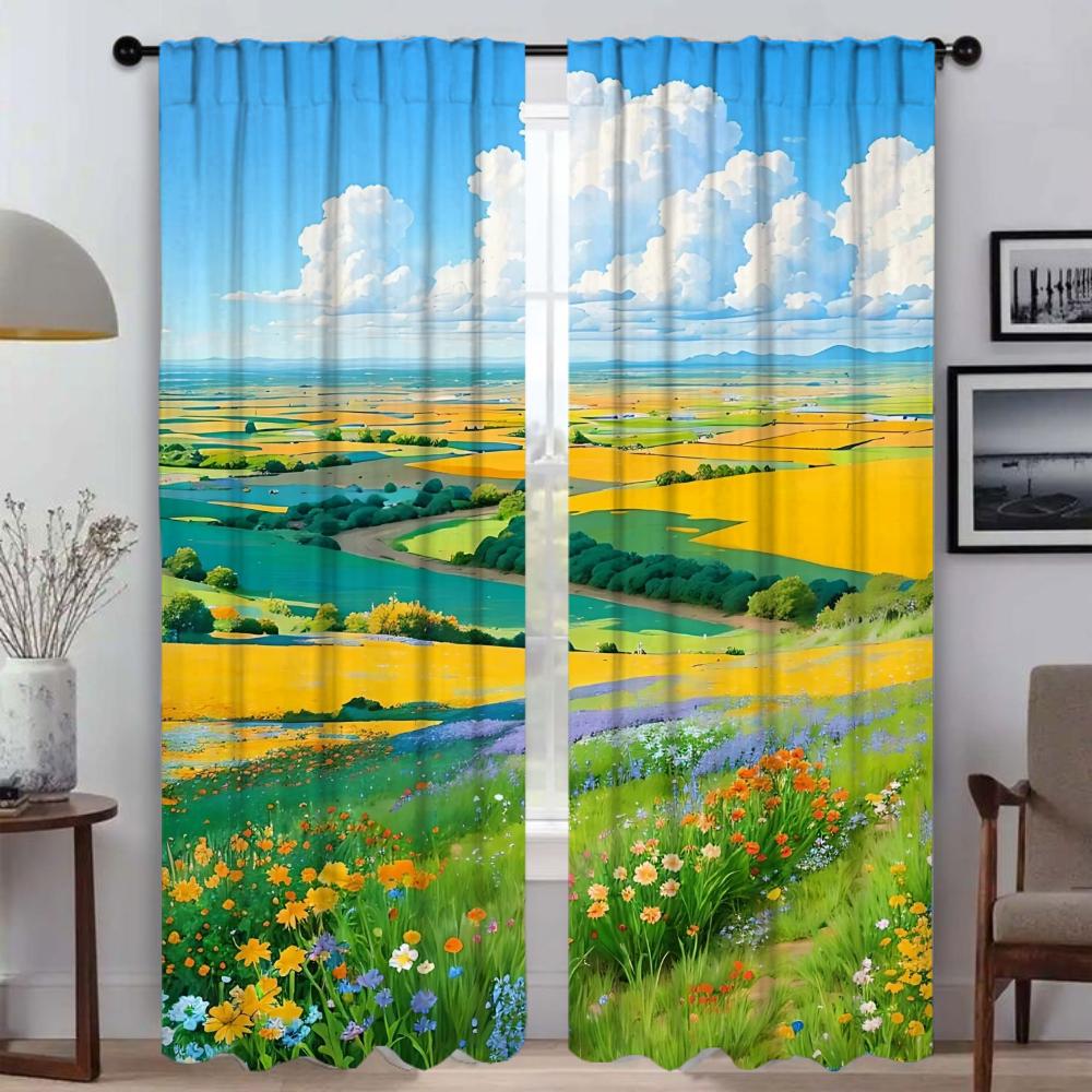 Healing Is a Pastoral Illustration Kitchen Curtains 2 Pieces Home Interior Curtains for Camera Window Curtain Shades Partition