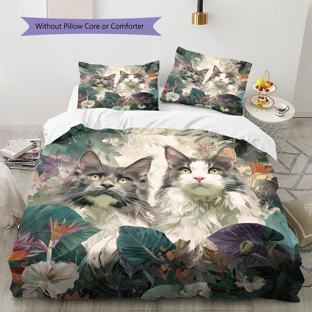 Maine Coon and Flowers Pattern Bedding Home Decoration Birthday Gift (1 * Duvet Cover + 2 * Pillowcase, Without Core)