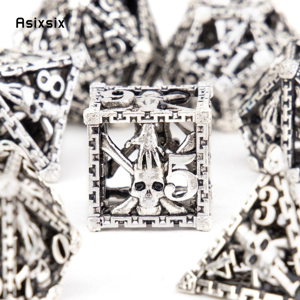 7 Pcs Silver Hand Skull Head Metal Dice Hollow Metal Polyhedral Dice Set Suitable for Role-Playing RPG Board Game Card Game
