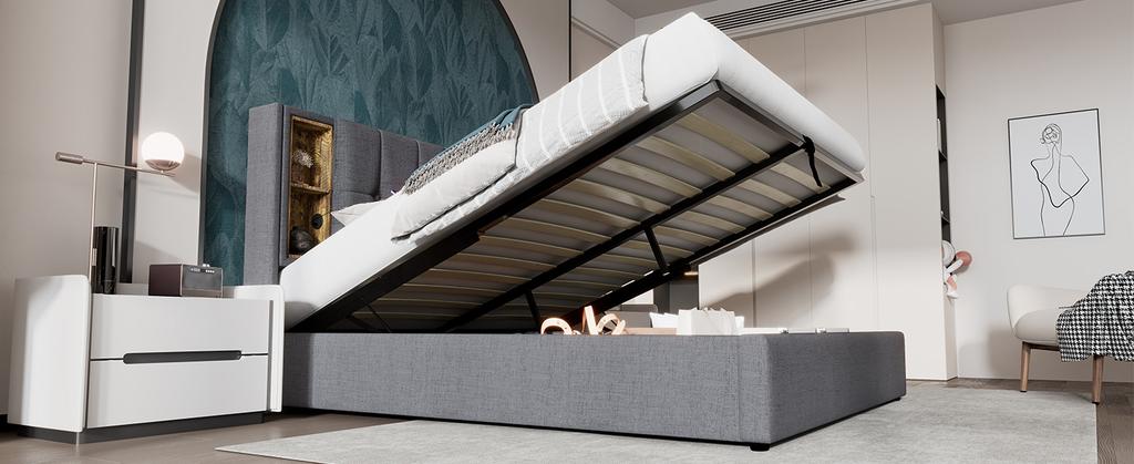 Double Bed with Wireless Charging USB C, Upholstered Bed Frame 160x200cm, Bed Frame with Storage Slatted Frame made of Wood-Grey Cotton (No Mattress)