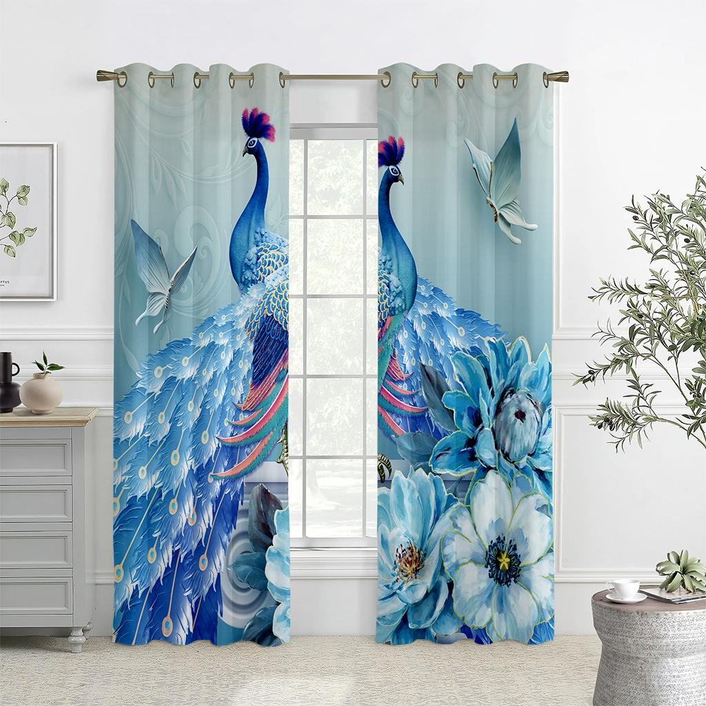 Retro Floral Peacock Print Curtains, Suitable For Bedroom, Living Room And Kitchen Decoration Light-Transmitting Curtains 2PCS