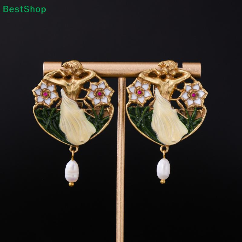 Vintage Art Nouveau Dancer Earrings – Enamel Floral Design with Freshwater Pearl Drop for Women