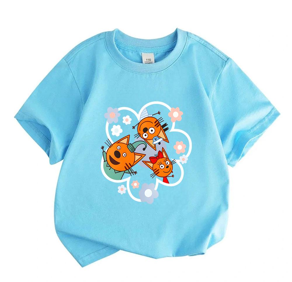 Kids Boys Girls 100% Cotton Short Sleeve Crew Neck T-Shirt, Cute Orange Cartoon Kitten Family Pattern Casual Soft Breathable Tees for Toddler Children