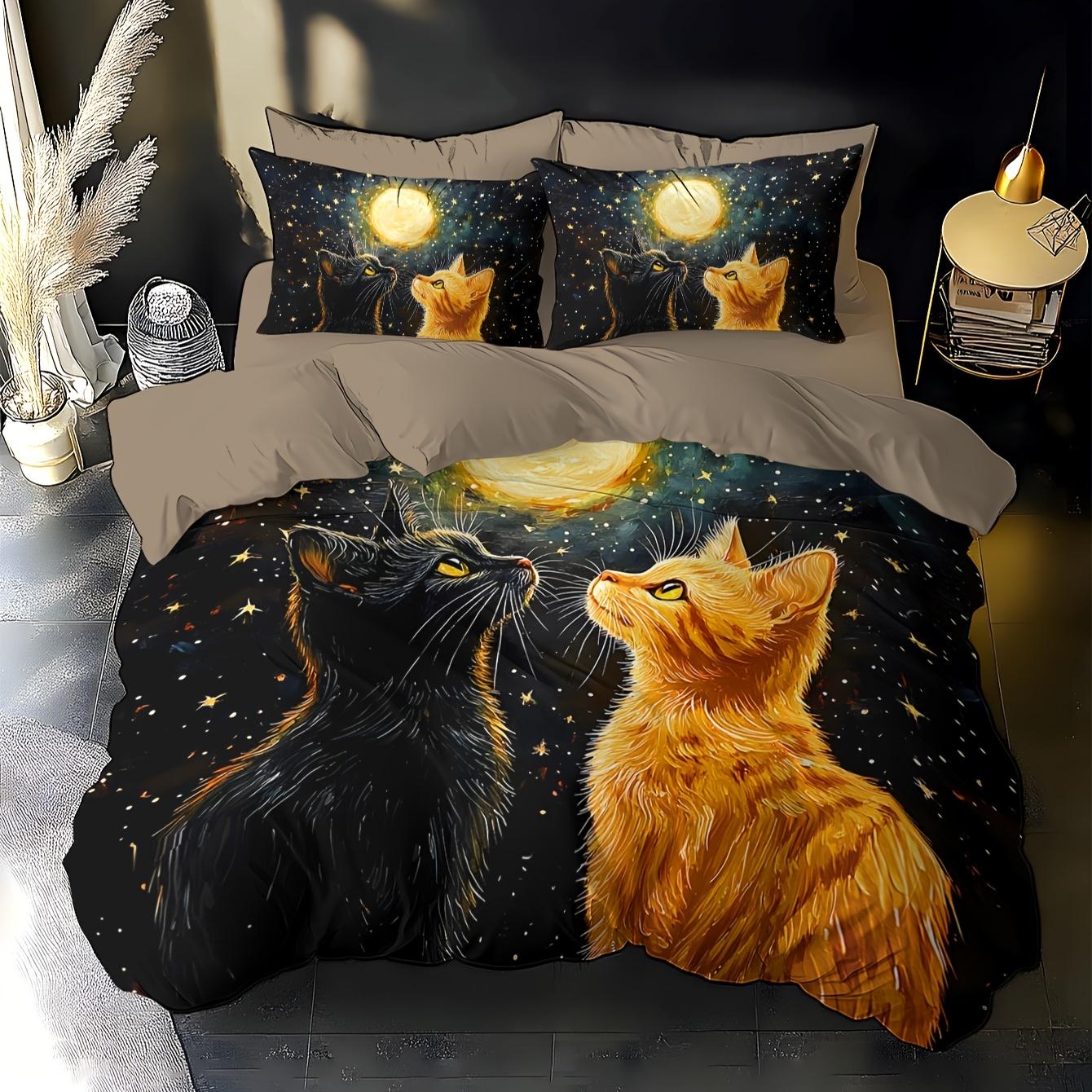 

2/3 Pieces of Moonlight Cat Duvet Cover Set Pattern 3D Super Soft Digital Printed Bedding Set : 1 Quilt Cover+1/2 Pillowcases EU Twin(135x200cm)
