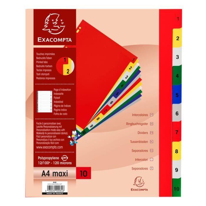 Intercalaires - Exacompta - A4+ - PP - 10 positions - Couleurs variées