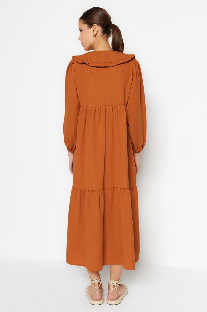 Women's Fashion New Hijab Dress Cinnamon Collar Embroidered Half Patch Linen Look Woven Dress