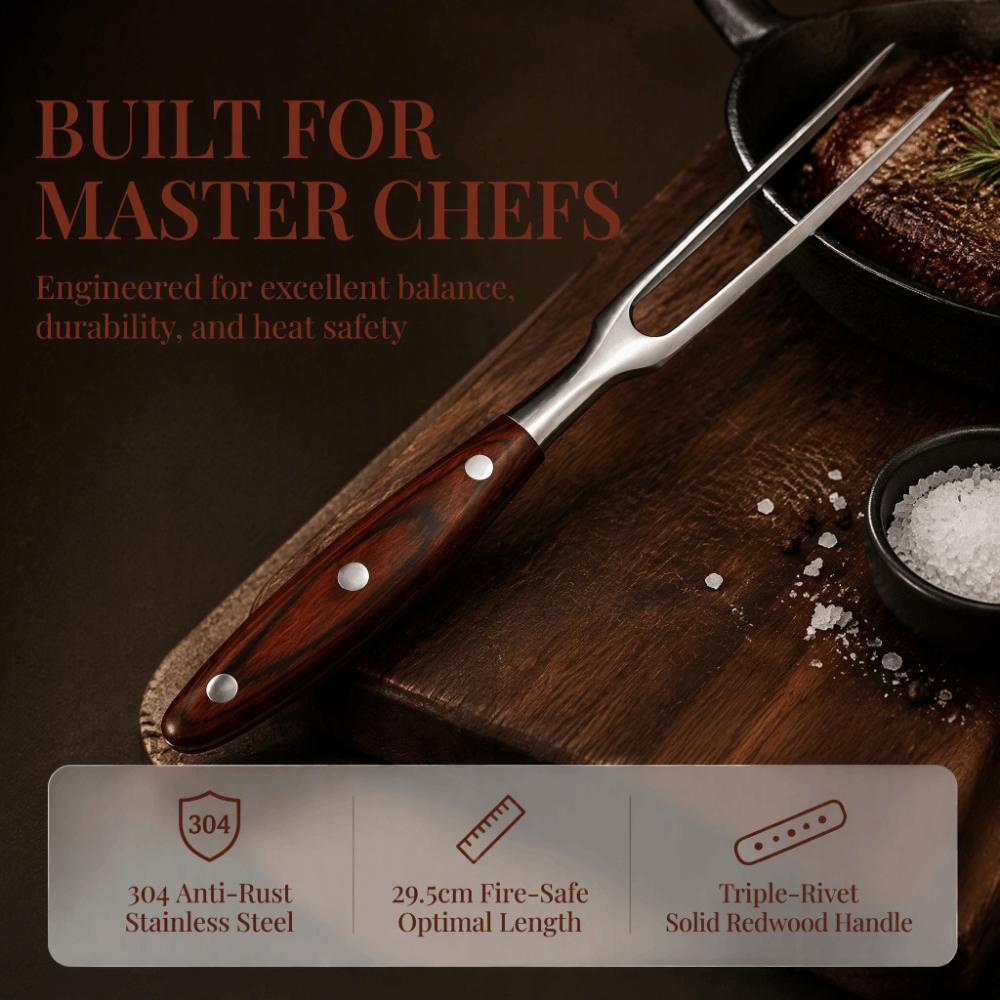 Long Handle Stainless Steel Fork Redwood Handle Meat Turner Fork Backyard Party