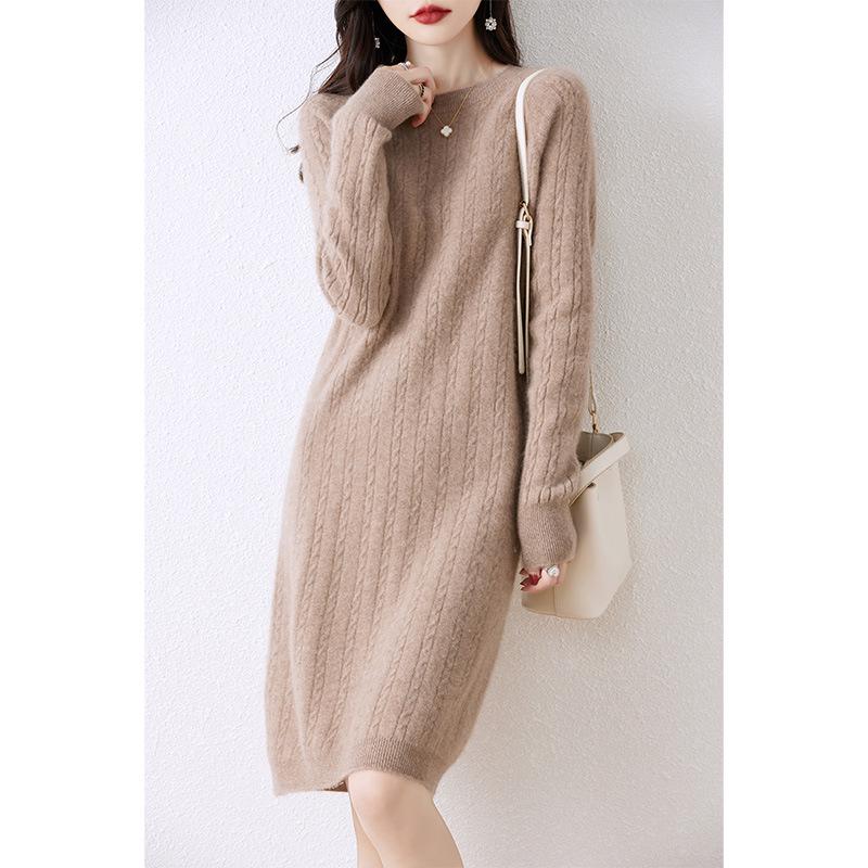 2023 Women's Mid-Length Merino Wool Sweater Dress - Round Neck, Long Sleeve Knitwear for Autumn and Winter