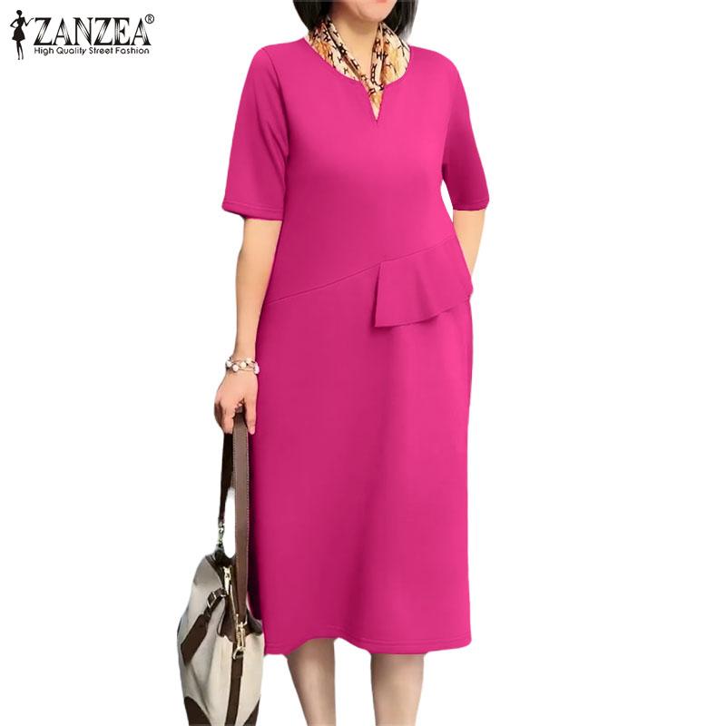 

ZANZEA Женское повседневное однотонное платье с v-образным вырезом и коротким рукавом
