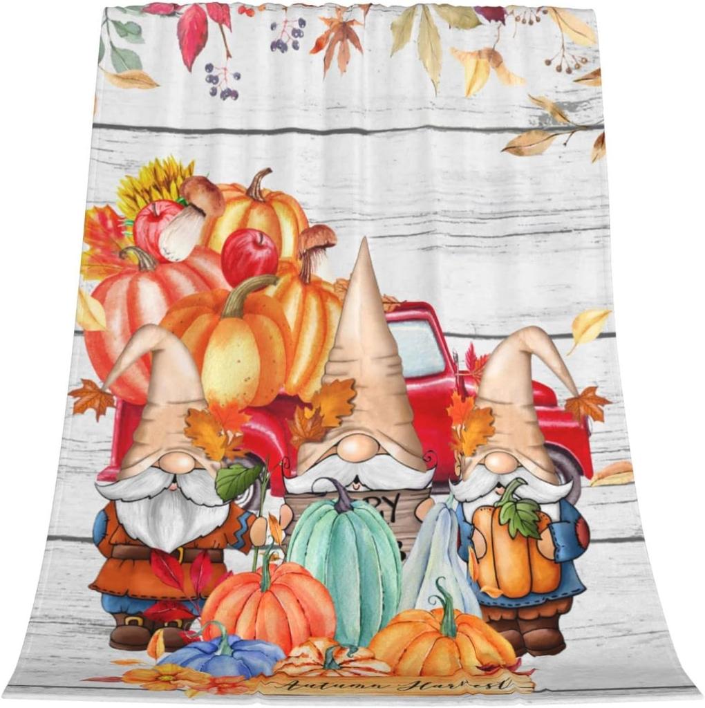Harvest Autumn Throw Blanket Pumpkin Farmhouse Fallen Leaves Blanket Cozy Soft Lightweight Flannel Plush Blankets for Bed Couch