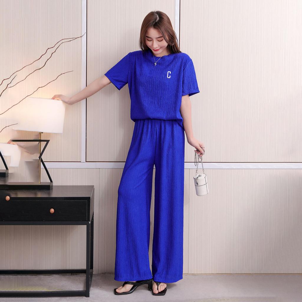 Embroidery Top Sleeved Wrinkle Short Straight Wide Leg Long Pants Set Woman Causal 2 Pieces Pajamas Home Wear Loungewear