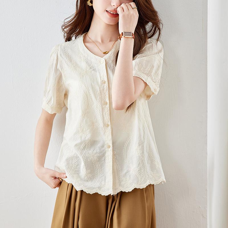 Aprikosene V-Ausschnitt Bluse für Damen Kurzärmelig Sommer Aktualisiert Reines Baumwoll Besticktes Oberteil Temperament Dame Bluse