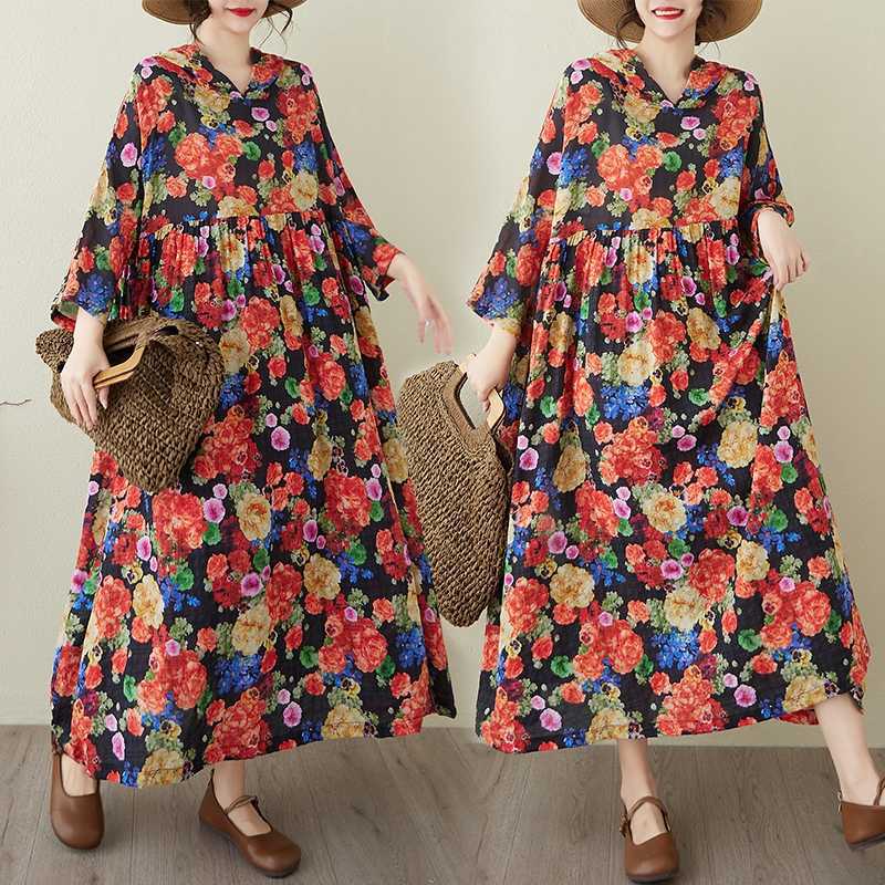 Ladies' Retro Niche Cloud Brocade Yarn Cotton Linen Hooded Printed Dress