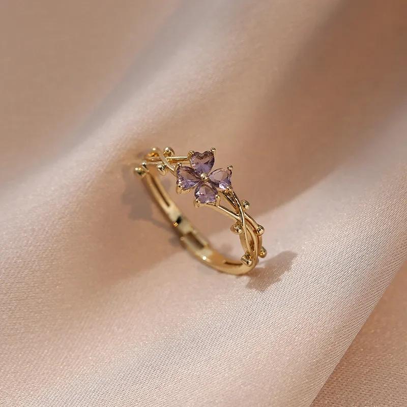 Cute Romantic Purple Four Leaf Zircon Flower Adjustable Rings for Women New Charm Gold Stainless Steel Finger Jewelry Gift