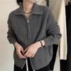 Solid color simple double zipper knitted cardigan top women's autumn and winter new loose lazy wind sweater jacket tide