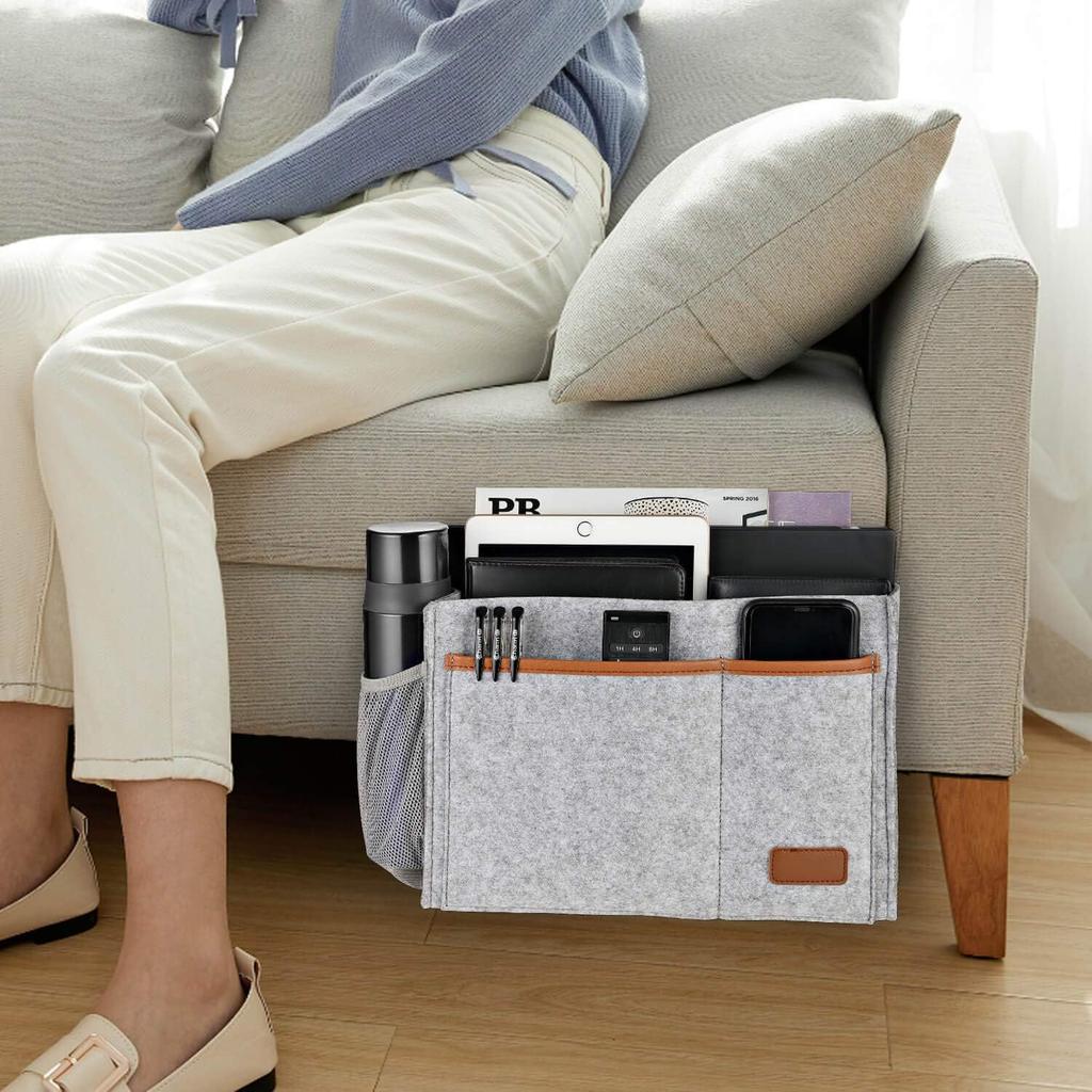 Felt Bed Storage Organizer Hanging Bag with 5 Pockets, Tablet iPad Cables Remote and Water Bottle Holder for Home Dorm Bed Sofa