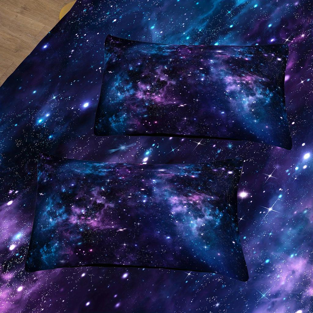Soft and Comfortable Purple Star Galaxy Print Duvet Cover Set Washable Microfiber Bedding for Bedroom and Guest Room
