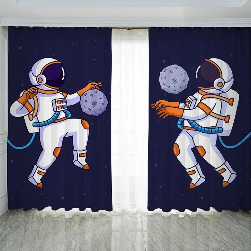 Nordic Ins Style Cartoon Comics High Shading Curtain Space Astronaut Trend Creative Boy Children's Room Simple Curtains 2Pcs