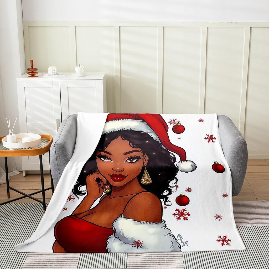 Christmas Flannel Fleece Throw Blanket Xmas Theme Fuzzy Blanket Throw for Kids Boys Girls Teens Bedroom Decor Black African