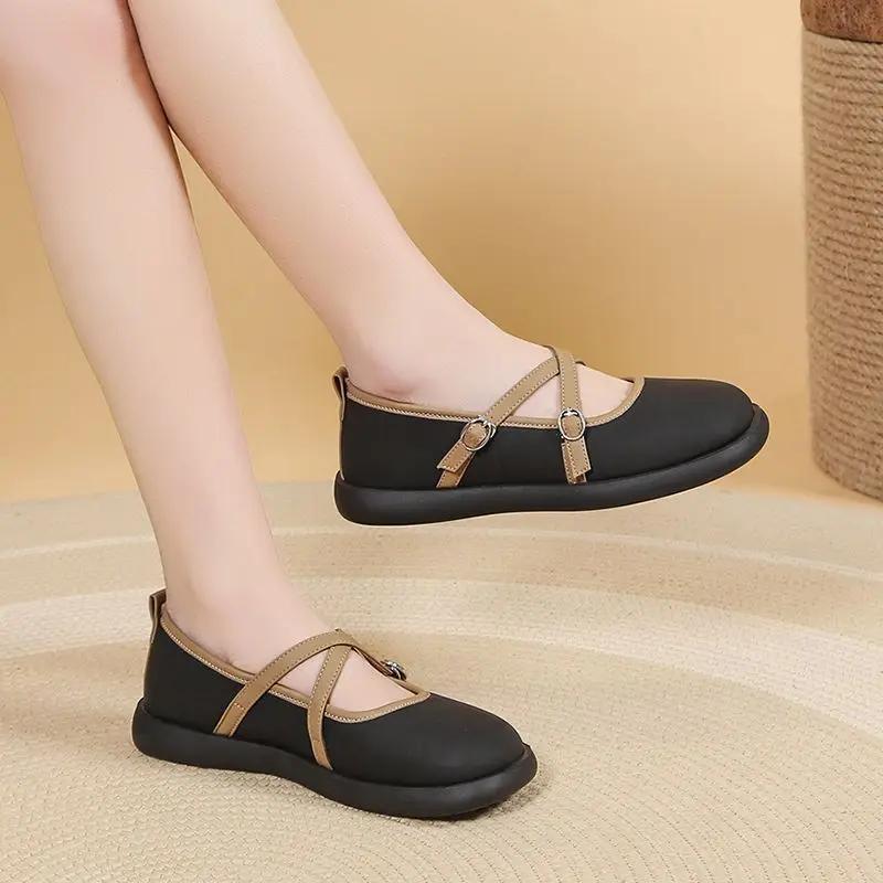 Fashion Kawaii Round Toe Woman Flats Loafers Low Heel Elegant Cute Summer 2025 with Discount Trend Casual Genuine Mark Shoes for Women