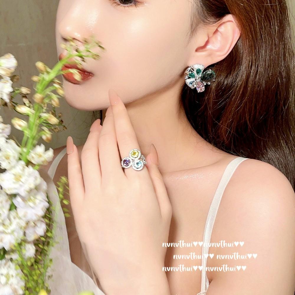 Vine Mermaid Tears Flower Gem Earrings, Rich Family Thousand Gold, 18K Gold Plated, Bow Grape Zircon Earrings