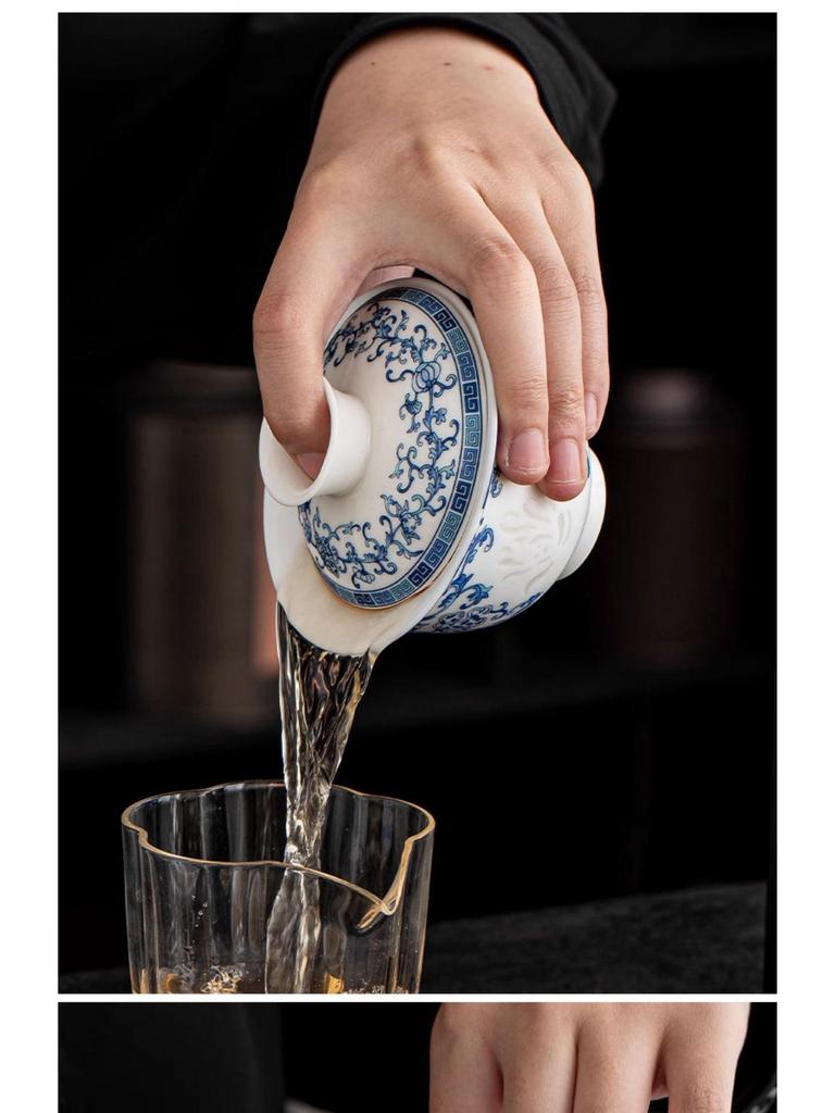 High-Grade Mutton Fat Jade Rotating Lid Bowl and White Porcelain Teapot Set