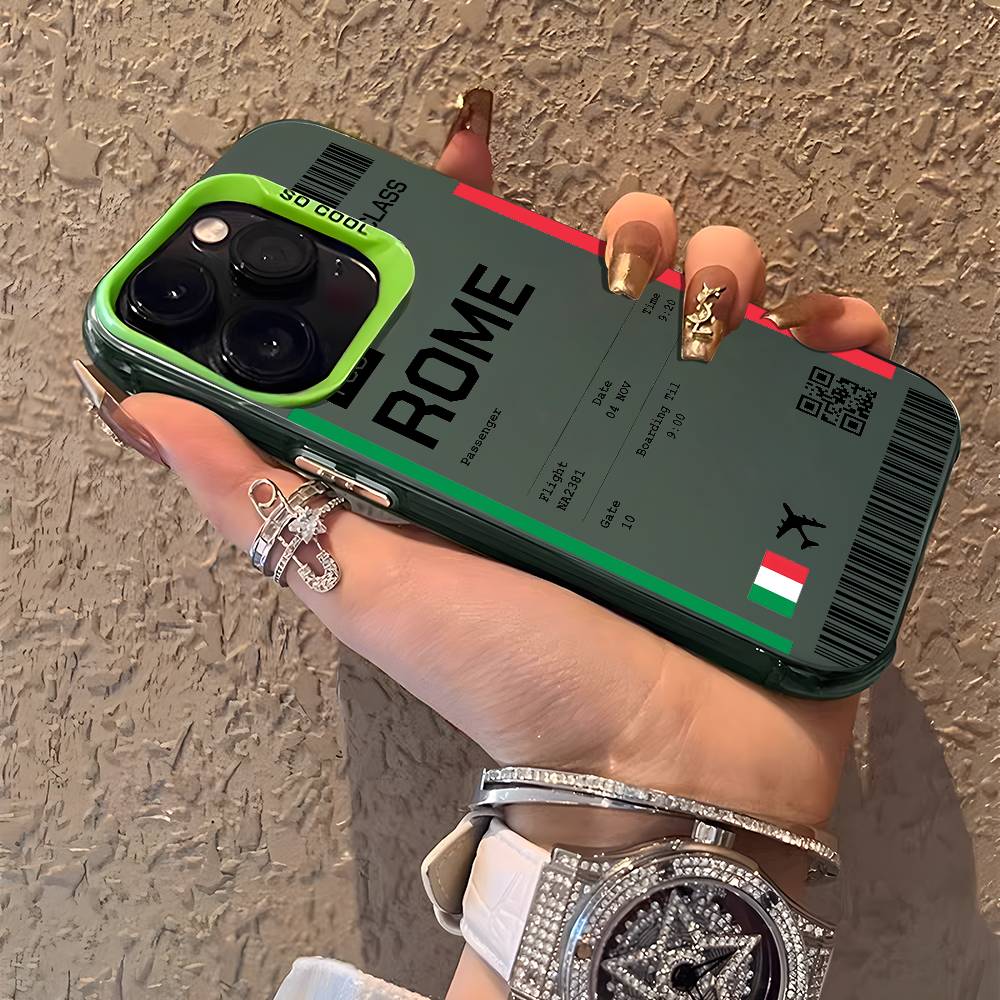 Italy Plane Travel Ticket Phone Case For iPhone 16 15 14 13 12 11 Plus Pro Max Multicolor Aurora Laser Shockproof Funda Cover