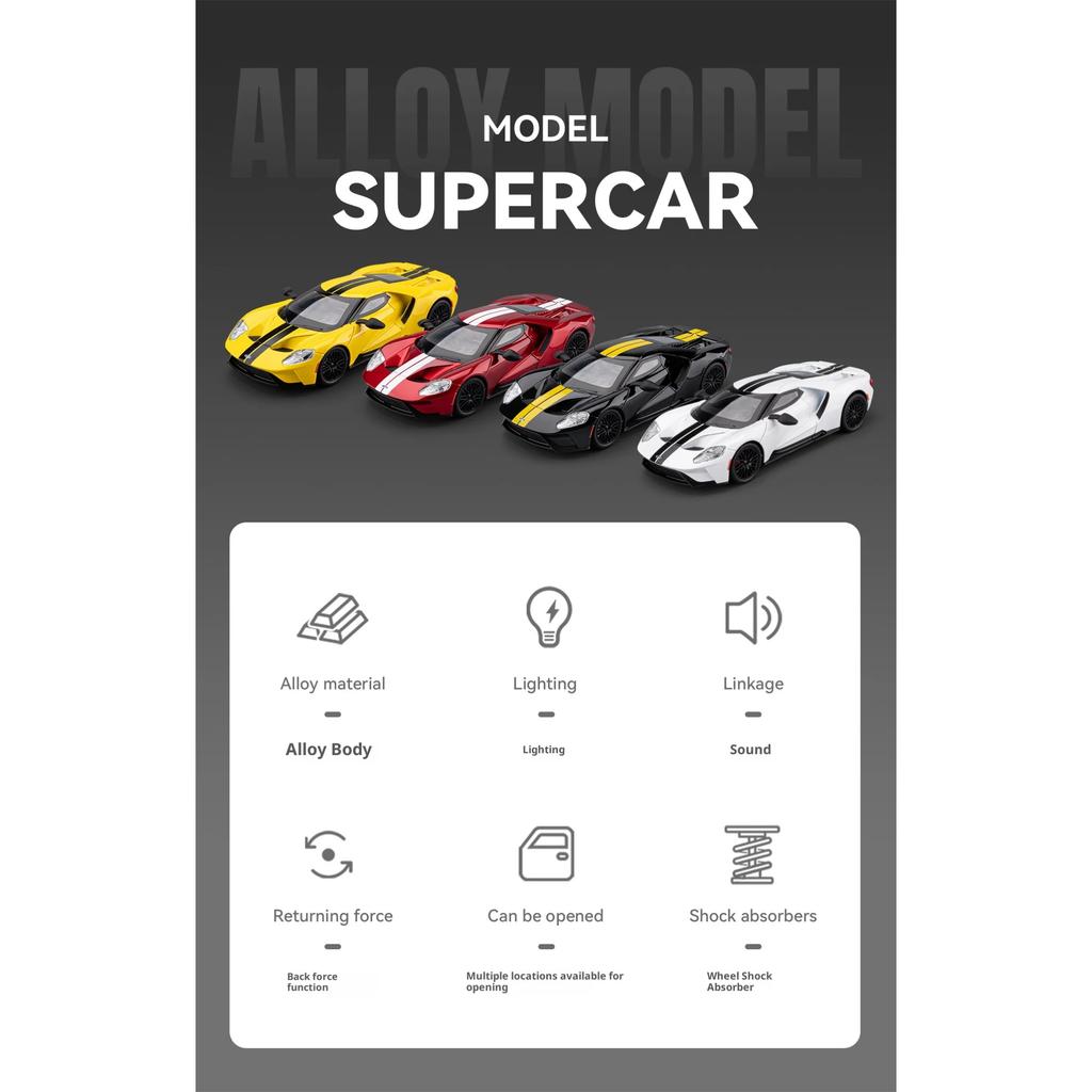 Large 1/24 Ford GT Car Model Alloy Simulation Supercar Collection Ornaments Children's Toy Car Boy Holiday Gift