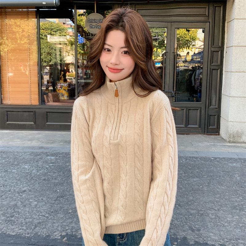 Celebrity Style Cable Knit Half-Zip Sweater: Autumn/Winter Long Sleeve Lapel Top