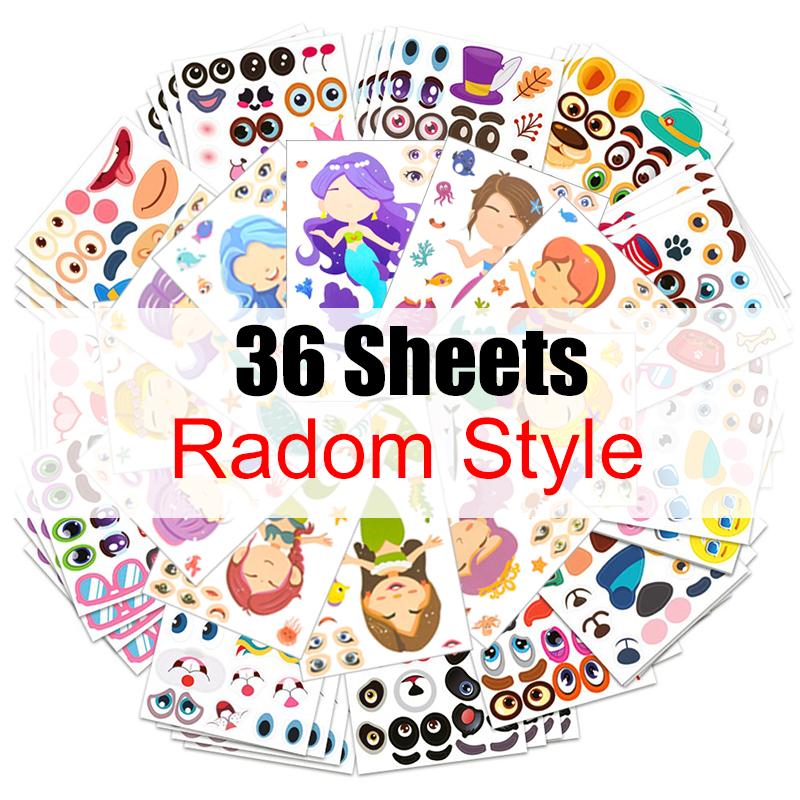 6/12/24/36Sheet Make an Animal Face DIY Sticker Random Mix Animal Mermaid Face Jigsaw Puzzle Stickers Cartoon Table Pet Gift ZYF