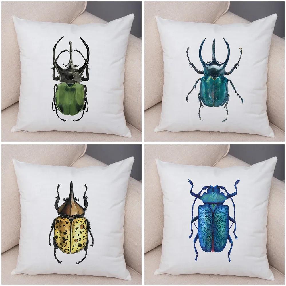 Insect Beetle Collection Pillow Case Both Sided Decor Cartoon Animal Print Cushion Cover Soft Plush Pillowcase for Sofa Home Car