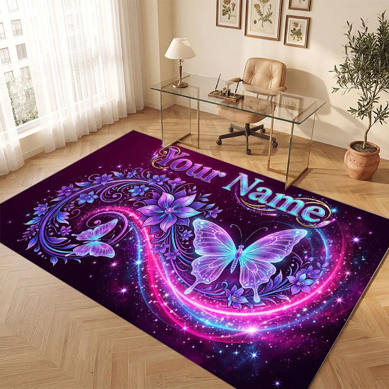 Butterfly Theme Crystal Velvet Floor Rug Personalized Custom Name Text Warm Carpet Home Decoration