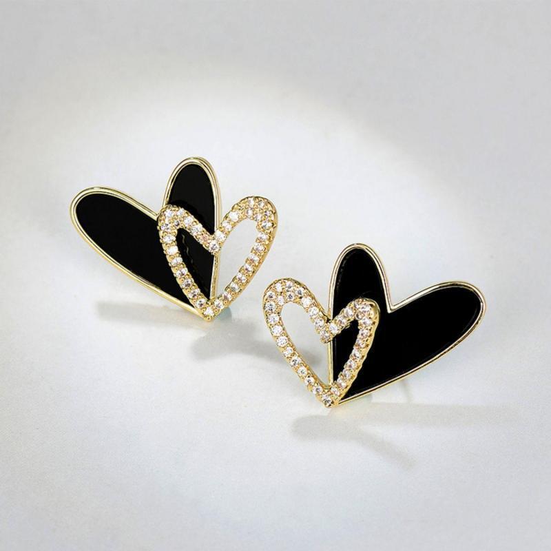 Black Enamel Bilayer Heart Stud Earrings Hollow Crystal Love Heart Earrings for Women Korean Lovely Ear Accessories Brincos