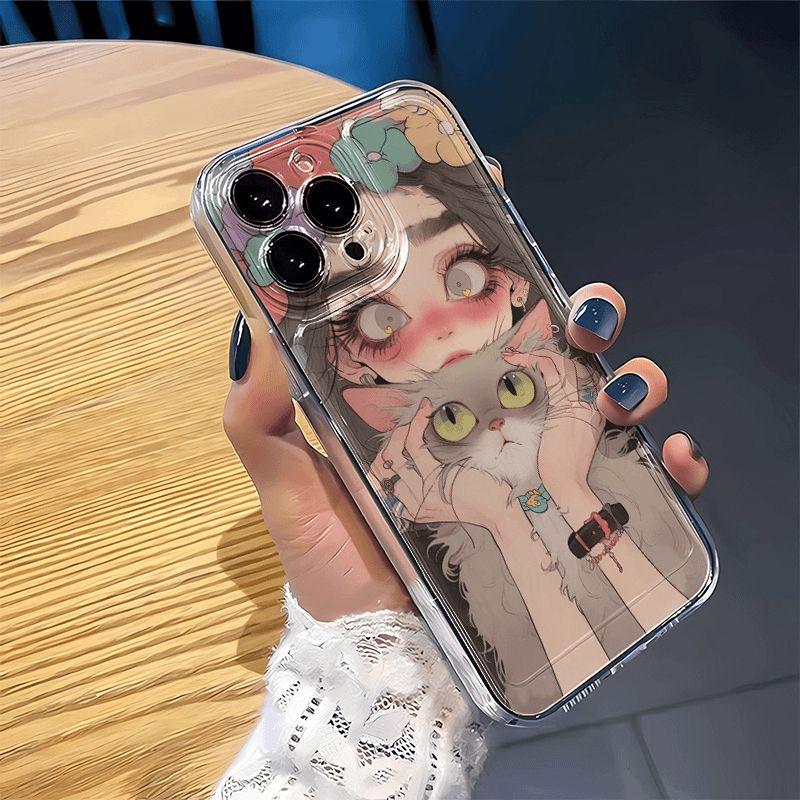 Suitable for iPhone 15 phone case iPhone 14/13 promax soft anti drop Plus cat hugging girl