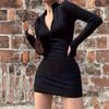 Women's Long-sleeved Zipper V-neck Black Tight Short Dress