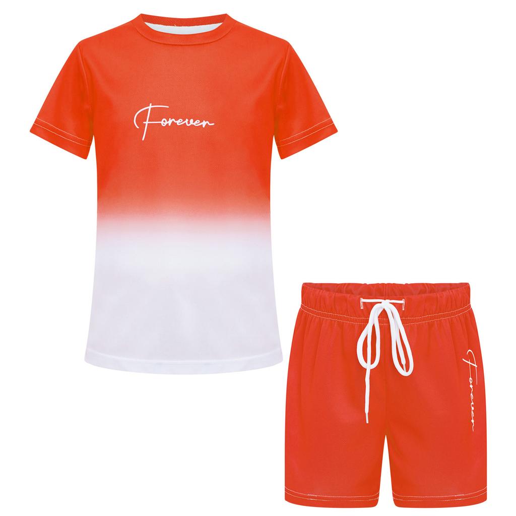 Boys Letter Print Gradient Sports Set Quick Drying Short Sleeve T-Shirt Drawstring Elastic Waist Shorts