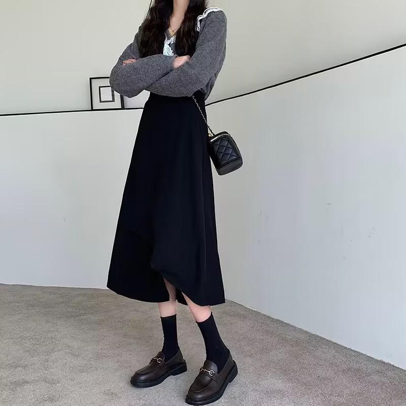 Black Irregular High-Waisted A-Line Skirt - Mid-Length Umbrella Style for Spring & Autumn 2026