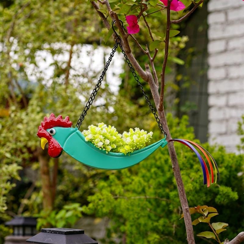 Iron Hanging Flower Pot Colorful Rooster Planter with Wide Planting Container and Chain System for Off-Floor Flower Displays on Patios and Porches