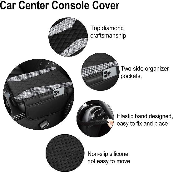 NBTEPEM Bling Car Center Console Cover, Leather Middle Console Cover With 2 Storage Bags, Universal Arm Rest Cover Protector, Bling Car Accessories