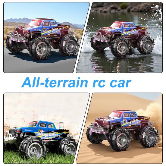 Remote Control Amphibious Off-road Car with LED Light 4WD Kids Electric 2.4GHz RC Stunt Truck Rechargeable Toddlers All-terrain Crawler Vehicle Toy