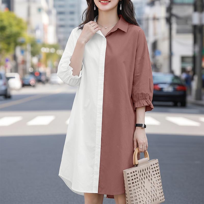 ZANZEA Women Casual Turn Down Collar Loose 3/4 Sleeve Patchwork Shirt Dress