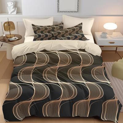 3pcs Brown Wavy Stripes Printed Quilt Set- Includes 1 Quilt Cover and 2 Pillow Cover (without Filler)