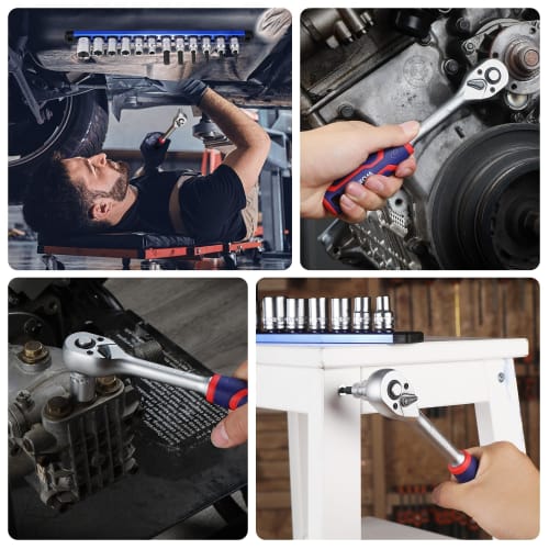 WORKPRO 14-Piece 9.5mm Drive Socket Wrench Set with Ratchet Wrench, Ratchet Handle, Rotation Direction Switch, Quick Release, 8-17mm Bit Sockets, H3,