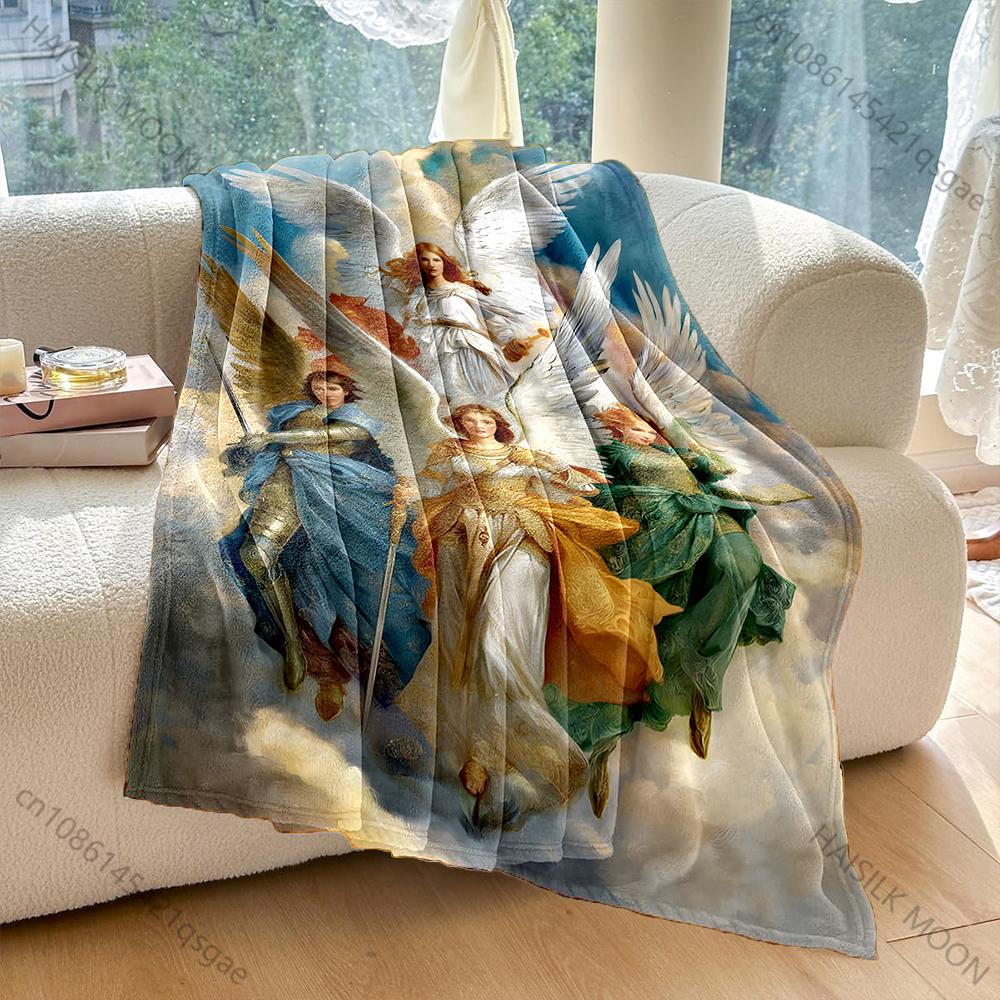 1PC Angels Warriors Standing On Clouds Print Blanket Warm Soft Fluffy Kids and Adult Sofa Bed Throw Blanket Travel Camping RV