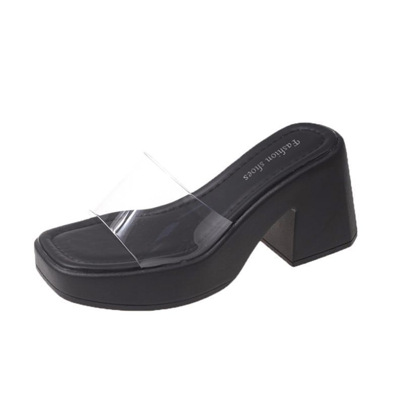 French high heel with skirt fairy style one-word slippers women's outer wear 2025 summer new transparent with thick heel sandals