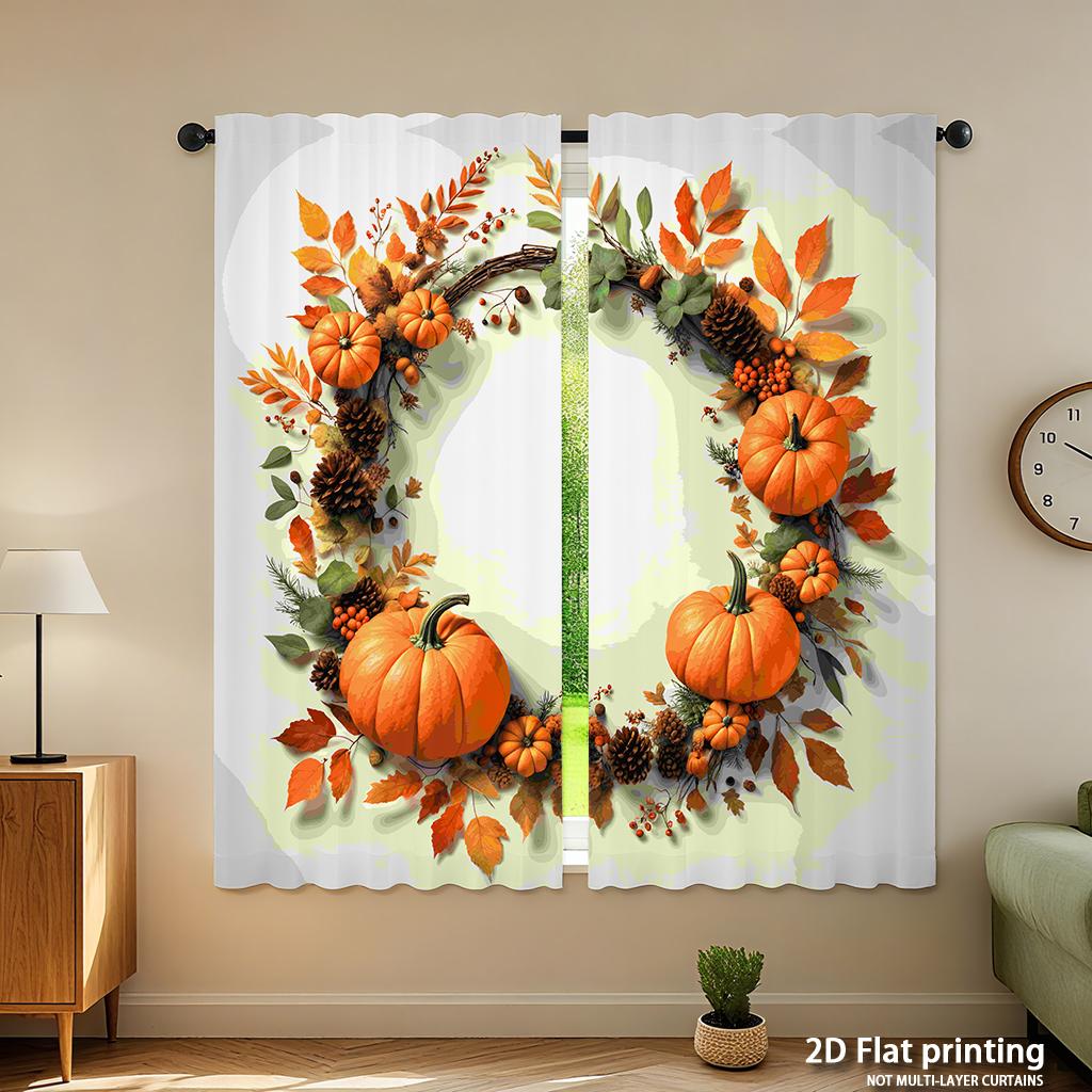 Piece Set High Definition Digital Printed Curtainsautumncolorfulleavespumpkinwreathfoliagepineconehome Decoration Style Curtain Polyester