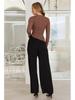 European Women's New Fashion Ribbed Slit T-shirt: Solid Color Autumn Winter Slim Casual Top